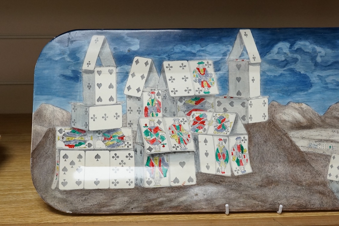 A Fornasetti 'Citta di Carte' (City of Cards) rectangular tin tray, 59cm wide